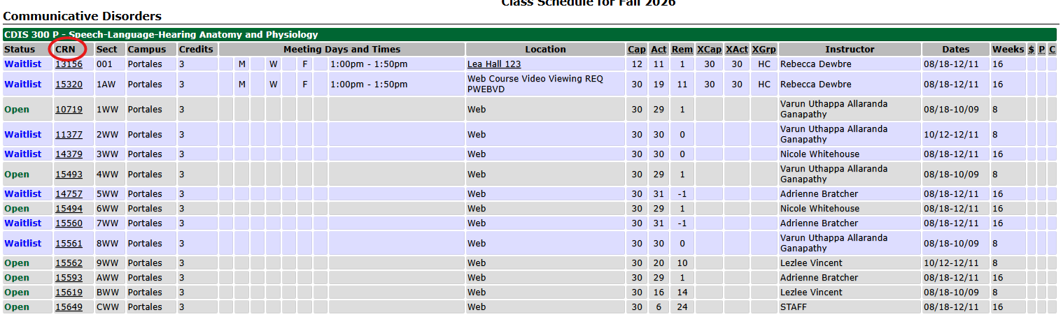 ENMU class schedule listing with the CRN column, the first number column after the Status column, circled in red