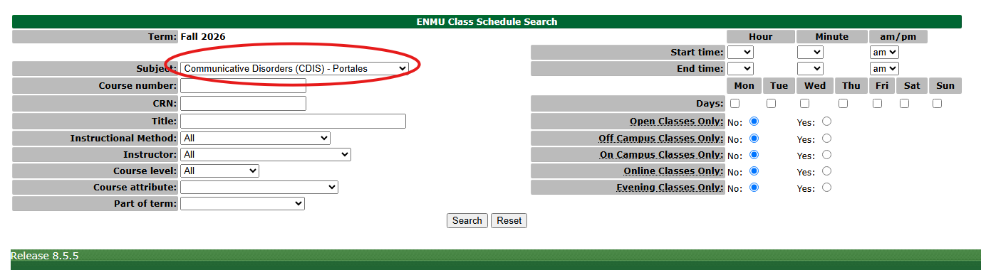 ENMU Class Schedule Search form with Subject set to Communicative Disorders (CDIS) - Portales and circled in red, and Course level left on All